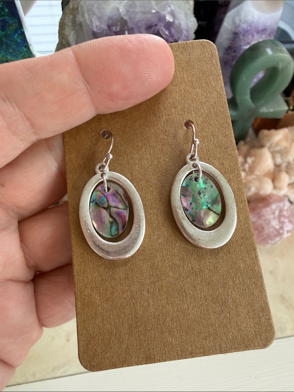 Silver Oval Earrings with Iridescent Abalone Inlay - Women Jewelry
